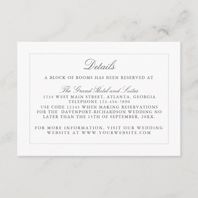 Classic Simple Elegance Wedding Info - Details Enclosure Card (Front)