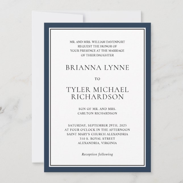 Classic Simple Elegance with Navy Edging Wedding Invitation (Front)