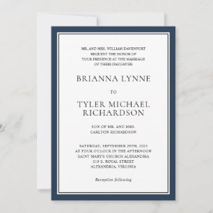 Classic Simple Elegance with Navy Edging Wedding Invitation