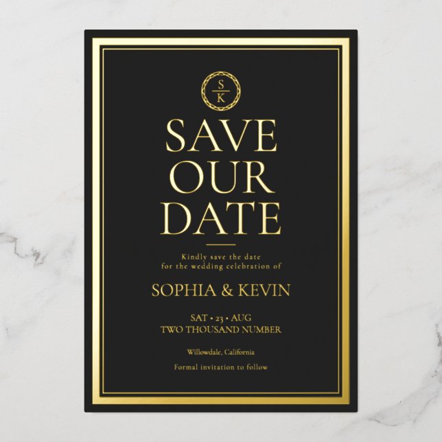 Classic Simple Elegant Gold Black Save The Date (Front)