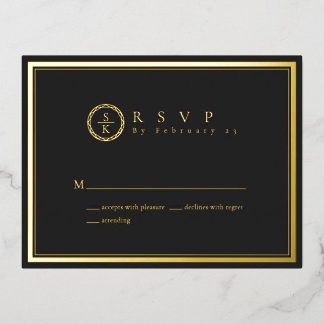 Classic Simple Elegant Gold Black Wedding RSVP Foil Invitation Postcard (Front)