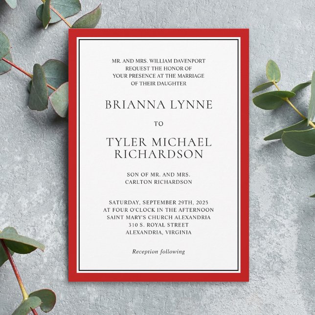Classic Simple Elegant Red Edging Wedding Invitation (Available in both print and digital download formats.)