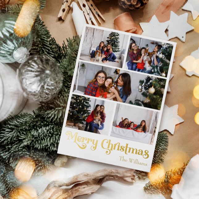 Classic Simple Five Photo Merry Christmas Gold Foil Holiday Postcard (Creator Uploaded)