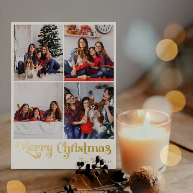 Classic Simple Four-Photo Merry Christmas Gold Foil Holiday Card (Creator Uploaded)