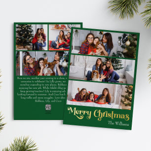 Classic Simple Green 6 Photo Merry Christmas Gold Foil Holiday Card