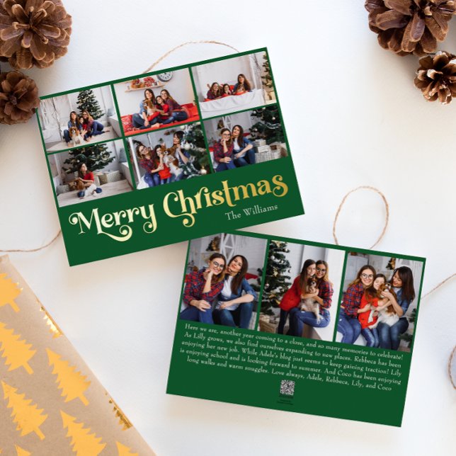 Classic Simple Green 9 Photo Merry Christmas Gold Foil Holiday Card (Creator Uploaded)