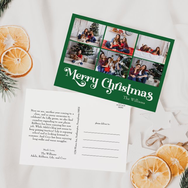 Classic Simple Green Merry Christmas 6 Photo Holiday Postcard (Creator Uploaded)