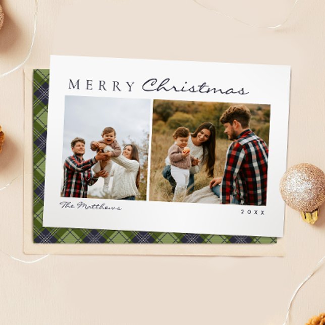 Classic Simple Green Plaid Family Photo Christmas Holiday Card (Creator Uploaded)