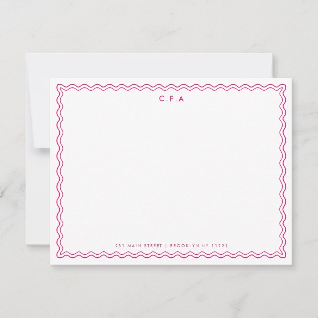 Classic Simple Magenta Pink 3 Monogram Wave Border Card (Front)