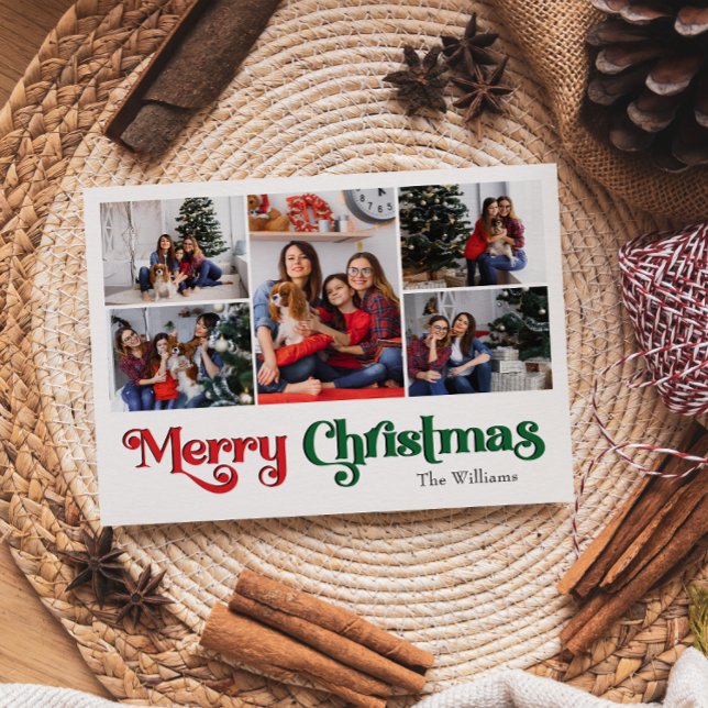 Classic Simple Merry Christmas Five Photo Holiday Postcard (Creator Uploaded)