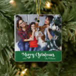 Classic Simple Merry Christmas Green Ceramic Ornament<br><div class="desc">Celebrate the season with this unique, classic simple Merry Christmas green ceramic ornament featuring a touch of vintage charm. The minimalist design showcases an elegant red and white colour palette, evoking the cosy spirit of winter. Its modern and fun appeal, paired with the traditional wording, creates a perfect balance between...</div>