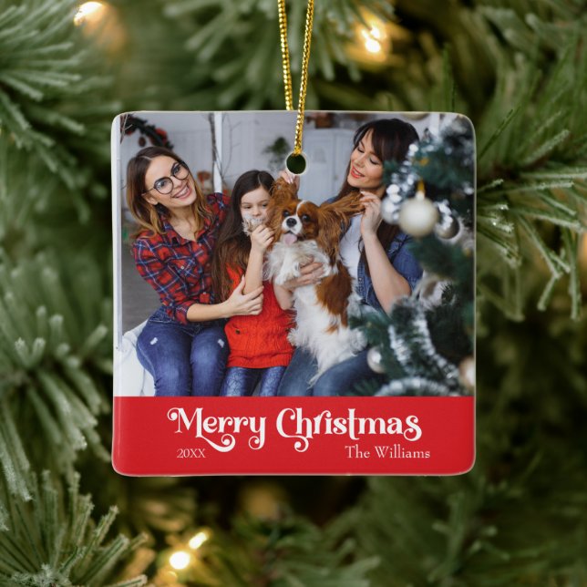 Classic Simple Merry Christmas Red Ceramic Ornament (Tree)