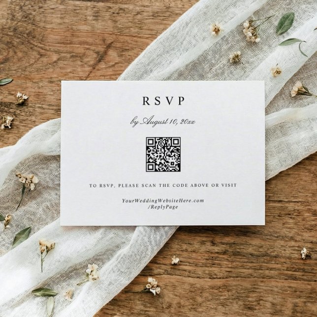 Classic Simple Modern Elegant Wedding QR Code RSVP Card (Black and white wedding RSVP card with elegant calligraphy and QR code for RSVP)