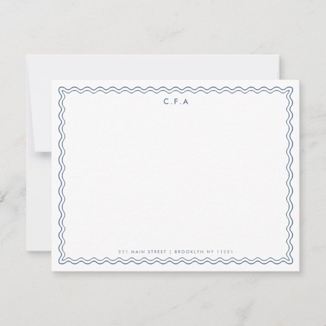 Classic Simple Navy Blue 3 Monogram Wave Border Card (Front)
