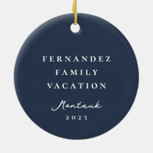 Classic simple navy herringbone personalised photo ceramic tree decoration