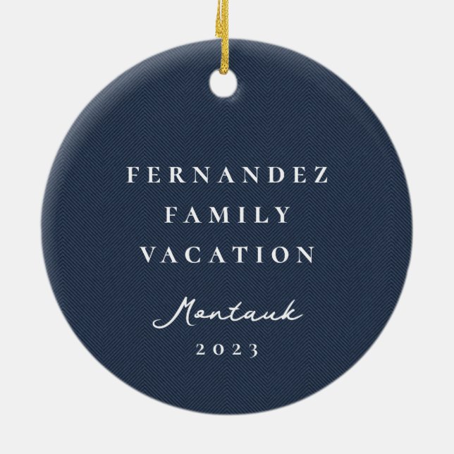 Classic simple navy herringbone personalised photo ceramic tree decoration (Back)