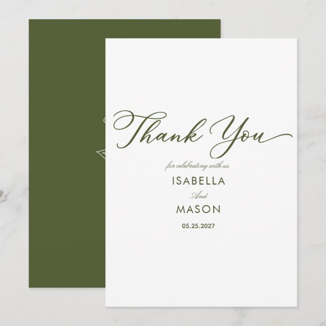 Classic simple olive green thank you card (Front/Back)