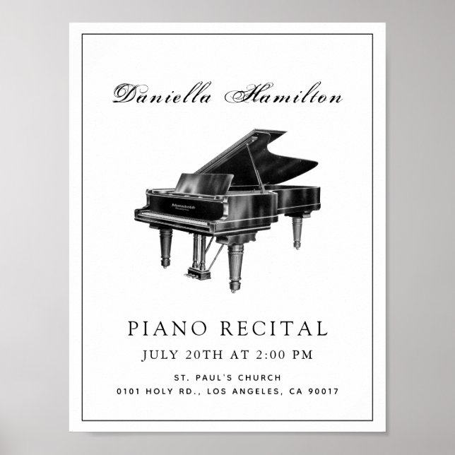 Classic Simple Piano White Recital Poster (Front)