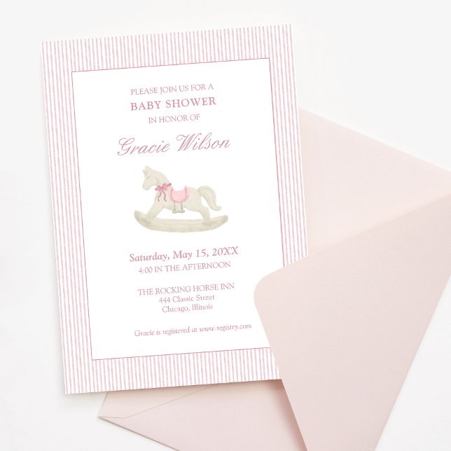 Classic Simple Pink Rocking Horse Baby Shower Invitation (Creator Uploaded)