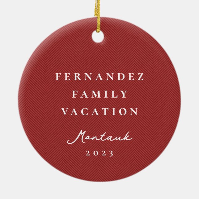 Classic simple red herringbone personalised photo ceramic tree decoration (Back)