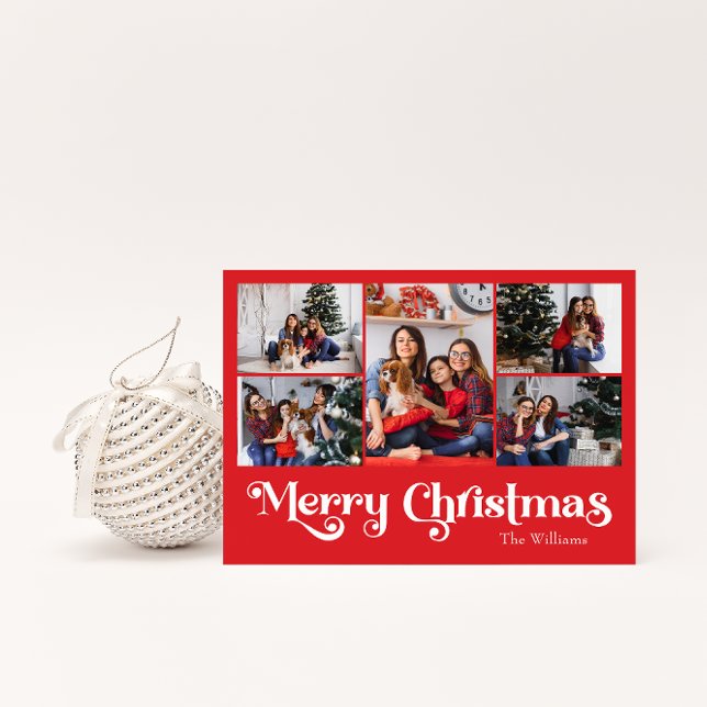 Classic Simple Red Merry Christmas Five Photo Holiday Postcard (Creator Uploaded)