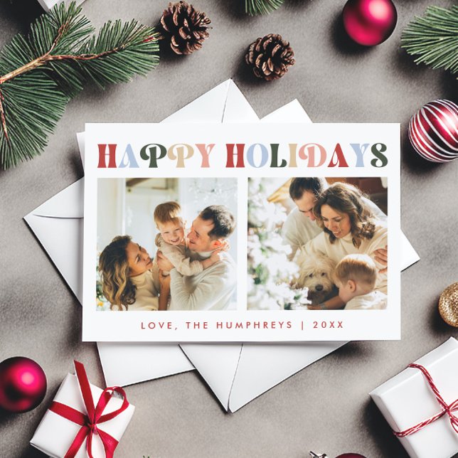 Classic Simple Retro Happy Holidays 2 Photo Holiday Card (Creator Uploaded)