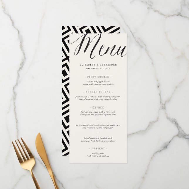 Classic Simple Script Geometric Greek Key Wedding Menu (Front/Back In Situ)