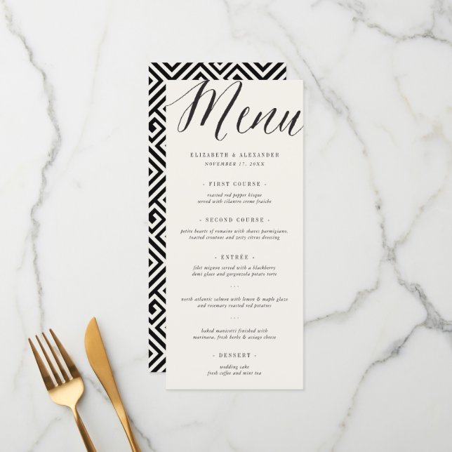 Classic Simple Script Geometric Greek Key Wedding Menu (Front/Back In Situ)