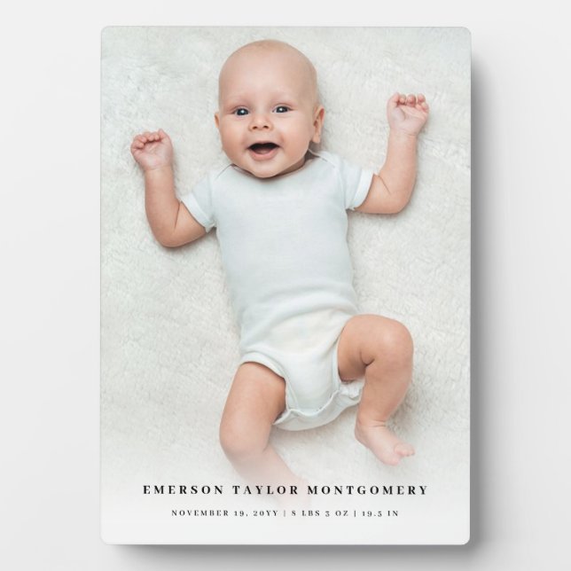 Classic Simple White Gradient New Baby Photo Easel Plaque (Front)