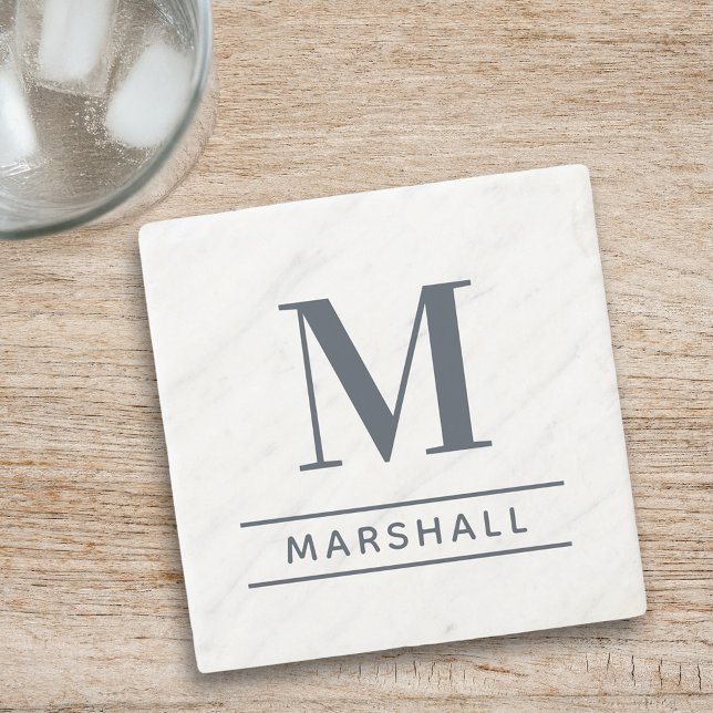 Classic Slate Grey Serif Monogram Name Stone Coaster (Creator Uploaded)