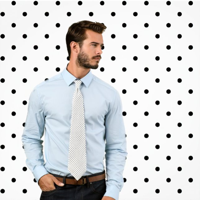 Classic Small Polka Dots Black on White Tie (Man wears a necktie featuring a small black polka dot pattern on white. Background matches tie.)
