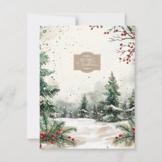 Classic Snow Pine Trees and Red Berries Christmas Holiday Card