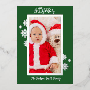 Classic Snowflake Green Foil Photo Christmas Holiday Card