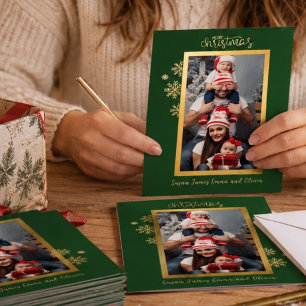 Classic Snowflake Green Gold Foil Photo Christmas Holiday Card