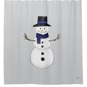 Classic Snowman with Dark Blue Scarf on Gray Shower Curtain
