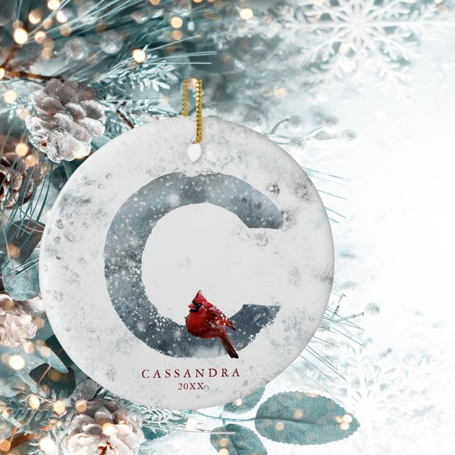 Classic Snowy Christmas Winter Scene Monogram C Ceramic Tree Decoration (Creator Uploaded)