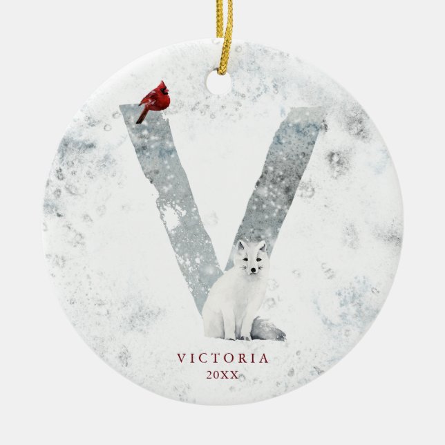 Classic Snowy Christmas Winter Scene Monogram V Ceramic Tree Decoration (Front)