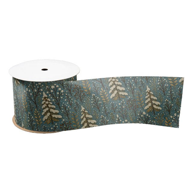 Classic Snowy Winter Forest Trees Art Pattern Satin Ribbon (Spool)