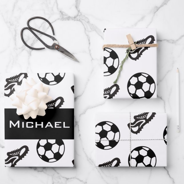 Classic Soccer Shoe & Ball Custom Boys Name Sports Wrapping Paper Sheet (Front)