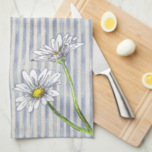 Classic Soft Blue Striped Watercolor Daisy Tea Towel