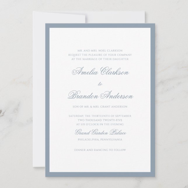 Classic Soft Dusty Blue Border Script Wedding Invitation (Front)