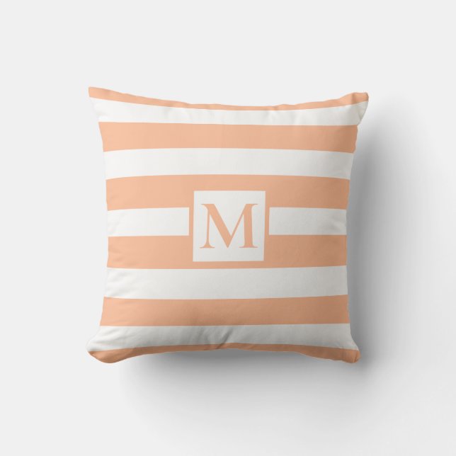 Classic soft orange peach white strips monogram cushion (Front)