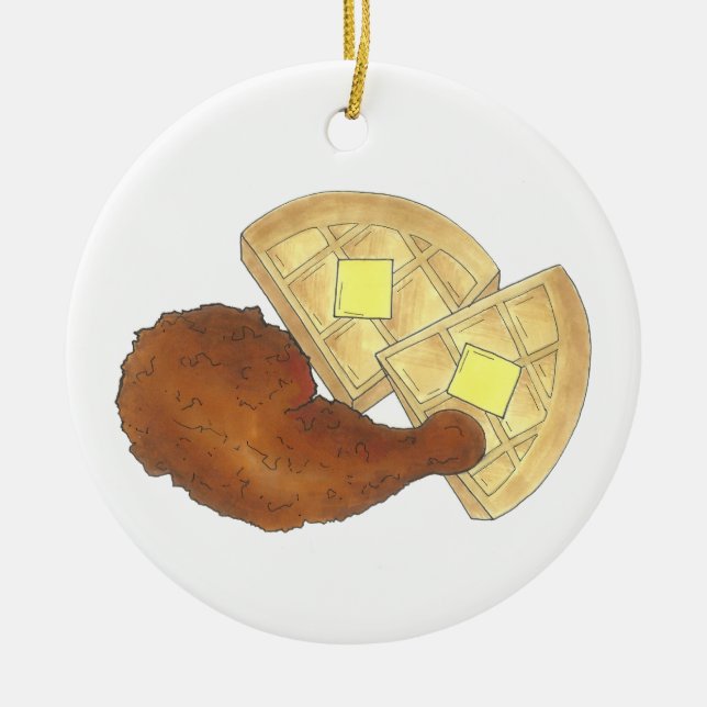 Classic Soul Food Fried Chicken and Waffles Diner Ceramic Tree Decoration (Front)