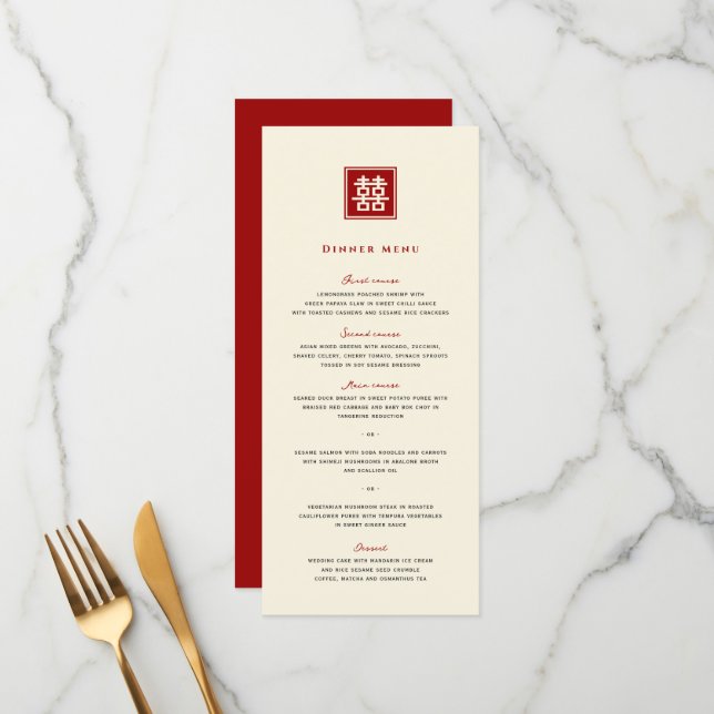 Classic Square Double Happiness Chinese Wedding Menu (Front/Back In Situ)