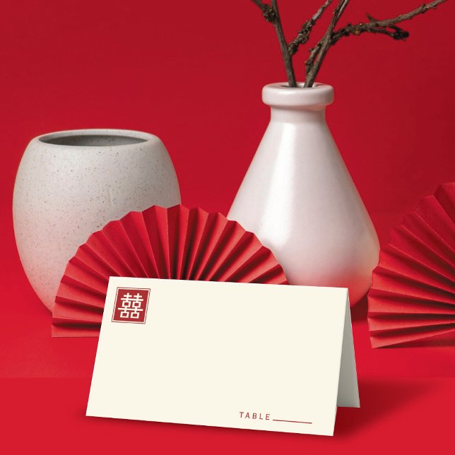 Classic Square Double Happiness Chinese Wedding Place Card (Classic Square Double Happiness Modern Chinese Wedding Folded Place Card @ fatfatin_red_knot)