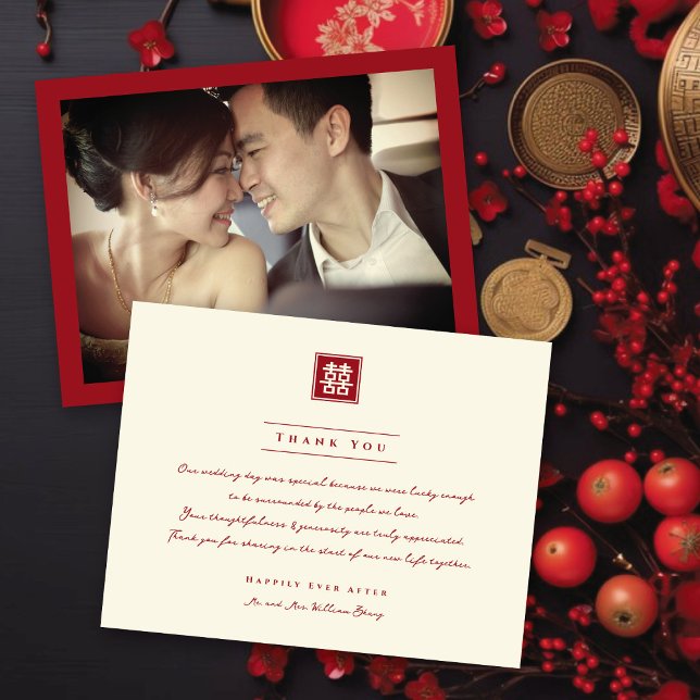 Classic Square Double Happiness Chinese Wedding Thank You Card (Classic Square Double Happiness, Modern Chinese Wedding Photo Thank You Card @ fatfatin_red_knot)