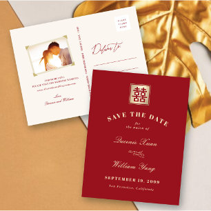 Classic Square Double Xi Chinese Save The Date  Announcement Postcard