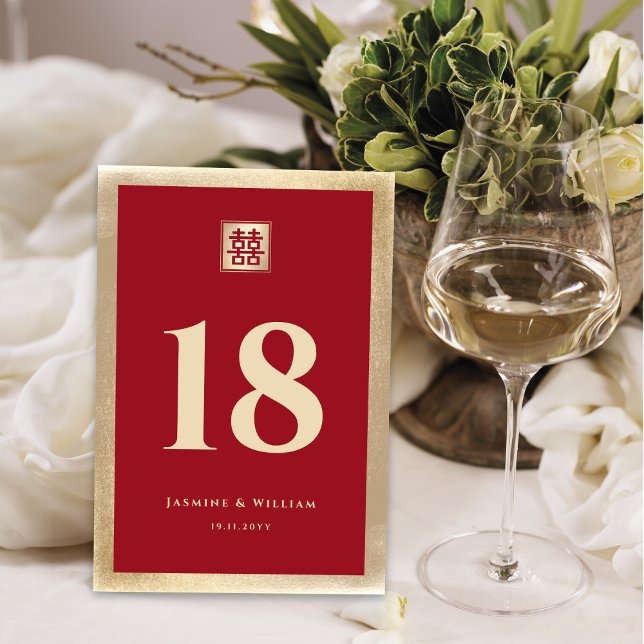 Classic Square Double Xi Red Gold Chinese Wedding Table Number (Creator Uploaded)