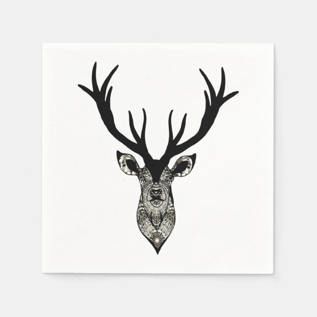 Classic Stag Deer Head Black Grey Animal Napkin (Front)