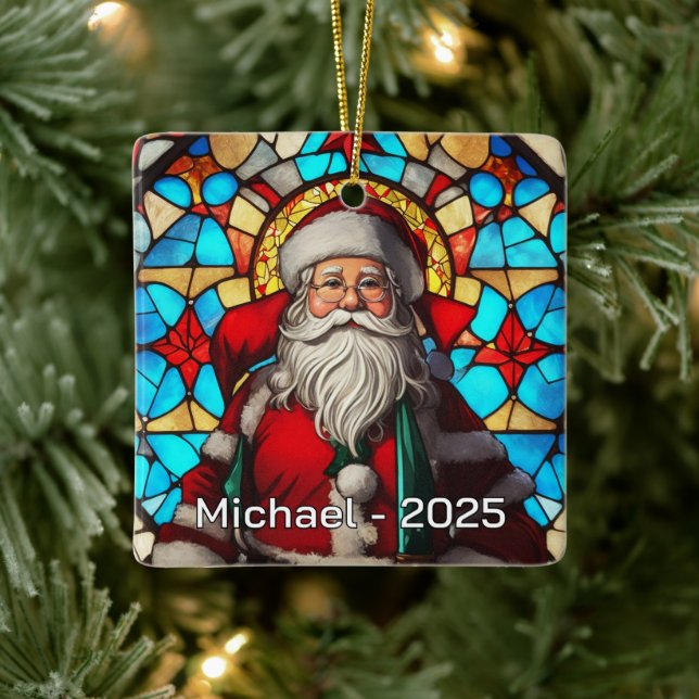Classic Stained Glass Santa Ceramic Ornament (Tree)
